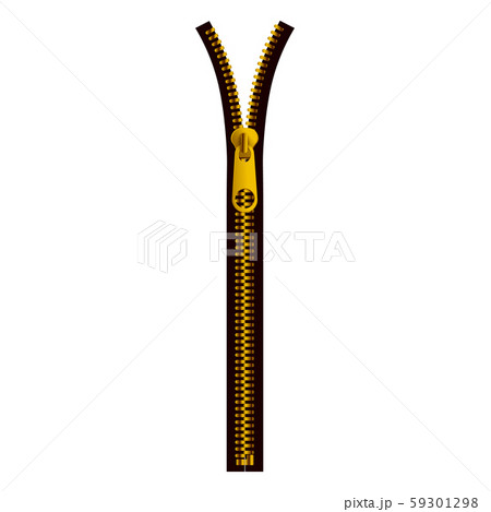 Realistic gold metal opening zipper on black tape isolated on white background - 59301298