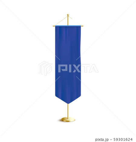 Blue vertical pennant or flag on rack 3d vector mockup illustration isolated. 59301624