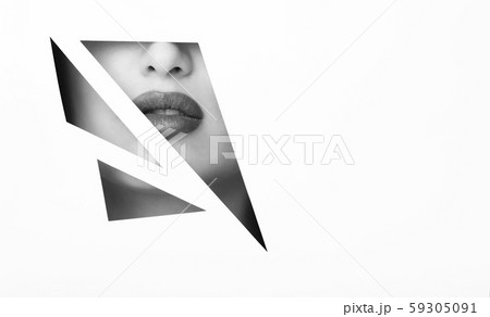 Makeup concept. Lips in geometry paper frame, free space 59305091