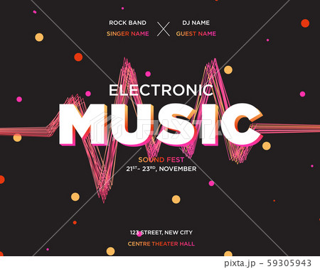 Electronic Music Covers for Summer Night Party or Club Party Flyer. Colorful Waves Gradient Background. Template for DJ Poster, Web Banner, Pop-Up. 59305943