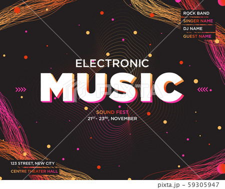 Electronic Music Covers for Summer Night Party or Club Party Flyer. Colorful Waves Gradient Background. Template for DJ Poster, Web Banner, Pop-Up. 59305947
