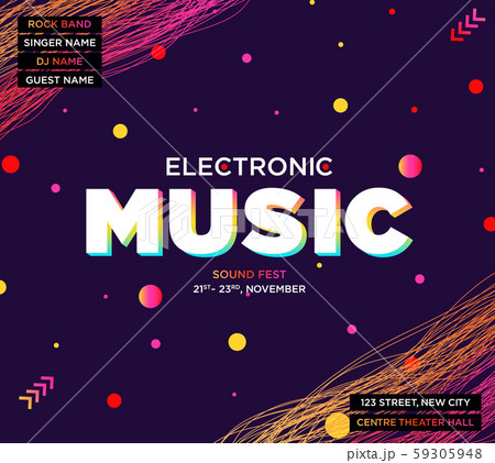 Electronic Music Covers for Summer Night Party or Club Party Flyer. Colorful Waves Gradient Background. Template for DJ Poster, Web Banner, Pop-Up. 59305948