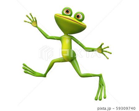 3D Illustration Funny Stupid Frog Jumpingのイラスト素材