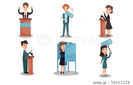 Political Election Campaign. Candidates Make A Speech Vector Illustration Set Isolated On White Political Election Campaign. Candidates Make A Speech Vector Illustration Set Isolated On White 59311229