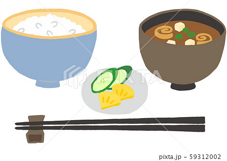和食 日本食 ごはんと味噌汁と漬物のセットのイラスト素材