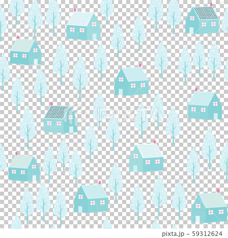 家と木々 背景素材シームレスパターン 冬のイラスト素材