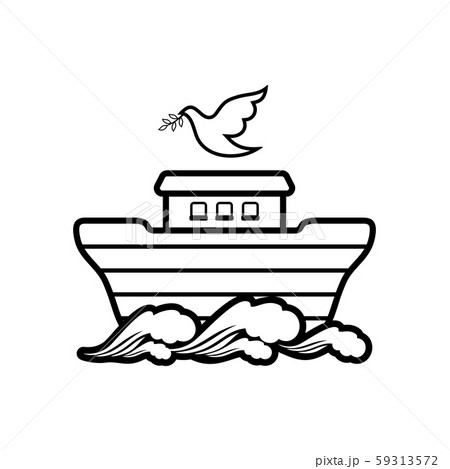 Logo of Noah's Ark. Dove with a branch of olive. Ship to rescue animals and people from the Flood. Biblical illustration. 59313572