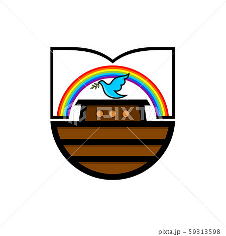 Logo of Noah's Ark. Rainbow - a symbol of the covenant. Dove with a branch of olive. Ship to rescue animals and people from the Flood. Biblical illustration. 59313598
