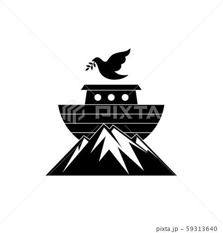 Logo Noah's ark on top of the mountain. Dove with a branch of olive. Ship to rescue animals and people from the Flood. Biblical illustration. 59313640
