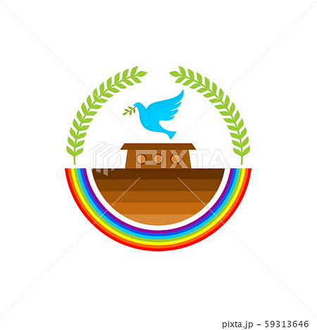 Logo of Noah's Ark. Rainbow - a symbol of the covenant. Dove with a branch of olive. Ship to rescue animals and people from the Flood. Biblical illustration. 59313646