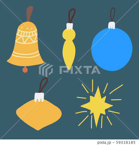 Christmas set of ball, bell and star on green background. Christmas set of ball, bell and star on green background. 59316185