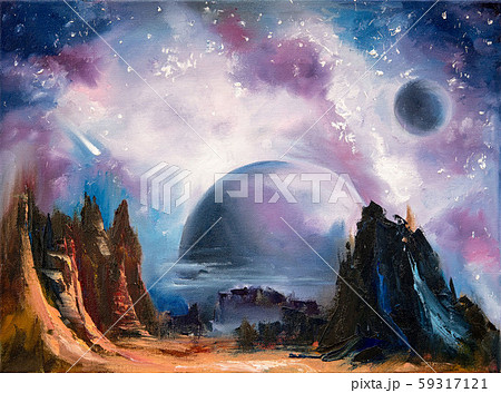 Space alien landscape, hand drawn oil painting. 59317121