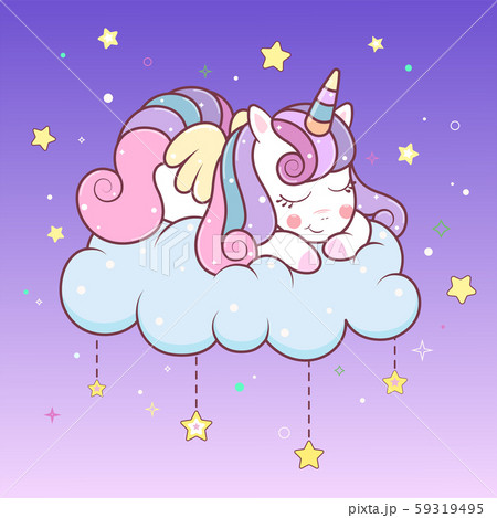Cute Unicorn Sleeping On Cloud With Stars のイラスト素材