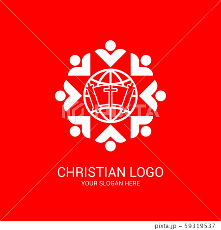 Church logo and biblical symbols. The unity of believers in Jesus Christ, the worship of God, participation in the evening of the Lord and the reading 59319537