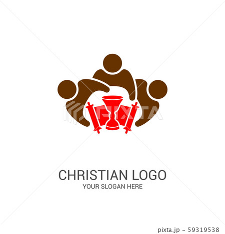 Church logo and biblical symbols. The unity of believers in Jesus Christ, the worship of God, participation in the evening of the Lord and the reading 59319538