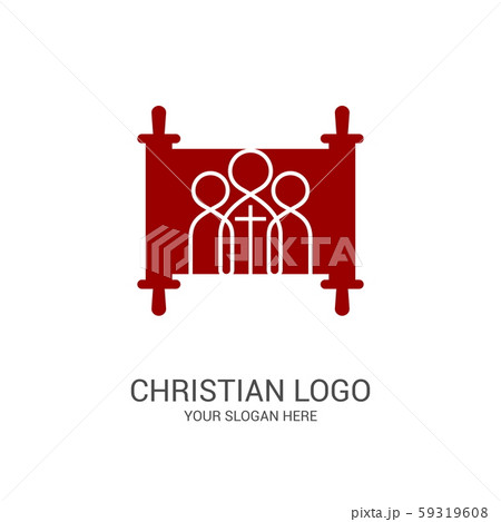 Church logo and biblical symbols. The unity of believers in Jesus Christ, the worship of God, participation in the evening of the Lord and the reading 59319608