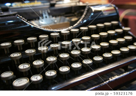 Close-up image of the antique typewriter. Displayed by the collector.   59323176