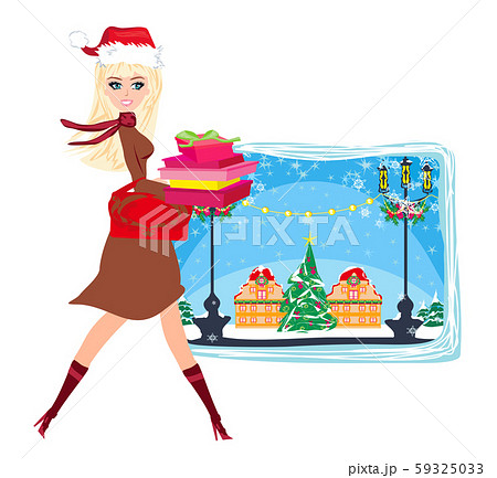 Winter girl with gift box, holiday sale card 59325033