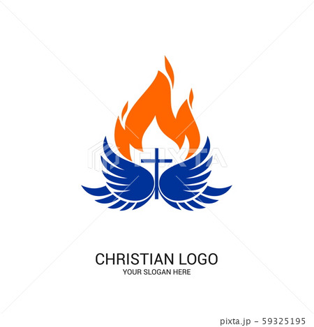 Christian church logo. Bible symbols. The cross of Jesus Christ, the wings of the Spirit and the flame. 59325195