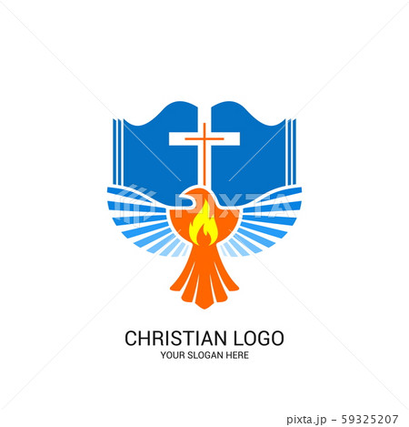 Christian church logo. Bible symbols. The open Bible, the cross of Jesus Christ and the dove. Christian church logo. Bible symbols. The open Bible, the cross of Jesus Christ and the dove. 59325207