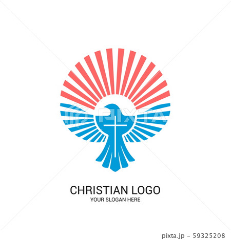 Christian church logo. Bible symbols. Cross of Jesus Christ, dove and shine. Christian church logo. Bible symbols. Cross of Jesus Christ, dove and shine. 59325208