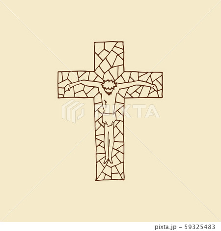 Lord Jesus on the cross. Cross drawn by hand. Mosaic style. Christian and biblical symbols. Lord Jesus on the cross. Cross drawn by hand. Mosaic style. Christian and biblical symbols. 59325483