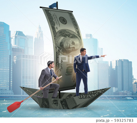 Business partnership with businessmen sailing on dollar boat Business partnership with businessmen sailing on dollar boat 59325783