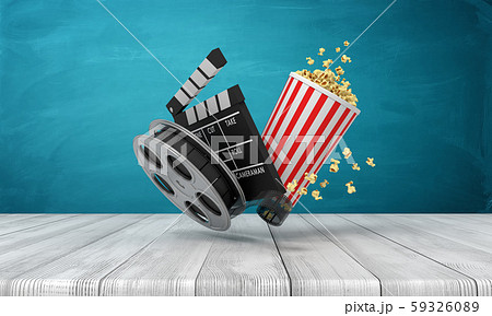3d rendering of pop corn bucket, film reel, and clapperboard standing on wooden floor near blue wall 3d rendering of pop corn bucket, film reel, and clapperboard standing on wooden floor near blue wall 59326089