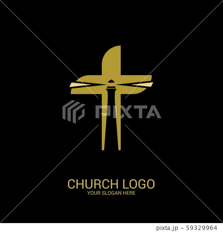 Church logo. Christian symbols. The lighthouse is the light of truth inside the cross of Jesus. 59329964