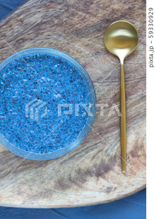 Blue spirulina chia seed pudding bowl. Superfood and vegan concept. Blue spirulina chia seed pudding bowl. Superfood and vegan concept. 59330929