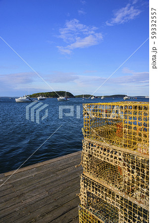 Lobster traps on jetty in Bar Harbor, Maine, USA 59332557