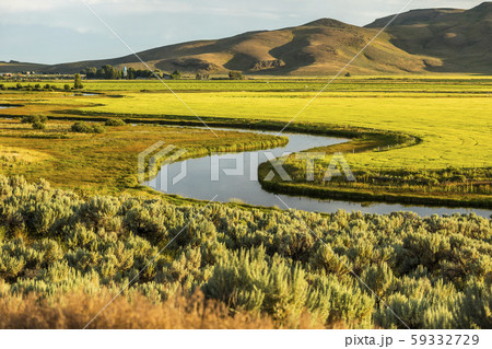 River through fields in Picabo, Idaho, USA 59332729