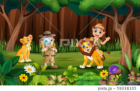 The explorer with lions in the park The explorer with lions in the park 59338105