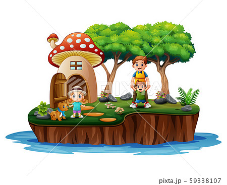 The family in front the mushroom house scene The family in front the mushroom house scene 59338107