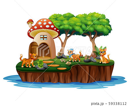 A Mushroom House With Many Cats On Islandのイラスト素材