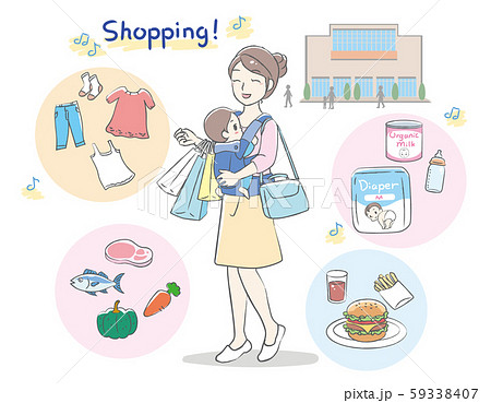 ショッピングモールで買い物をするママと子供 のイラスト素材