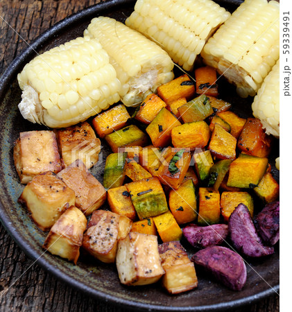 whole grain dish, boiled corn, violet sweet potato, tofu, squash grill, quick diner for vegetarian whole grain dish, boiled corn, violet sweet potato, tofu, squash grill, quick diner for vegetarian 59339491