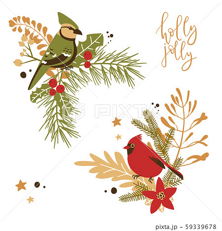Christmas decorative corner compositions with traditional plants and birds. 59339678