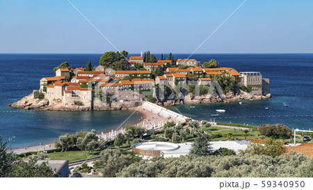 Sveti Stefan, view from the air the island hotel, Montenegro 59340950