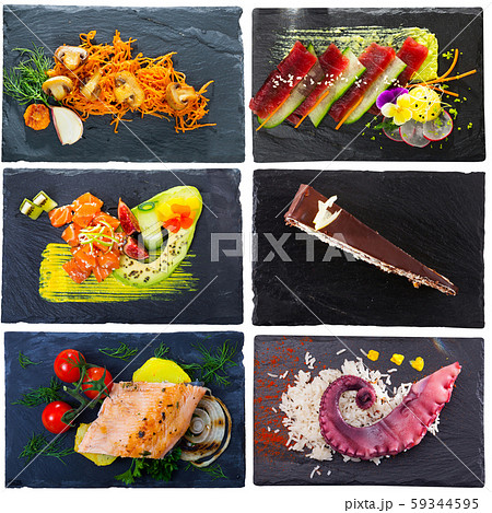 Set of dishes on square plates Set of dishes on square plates 59344595