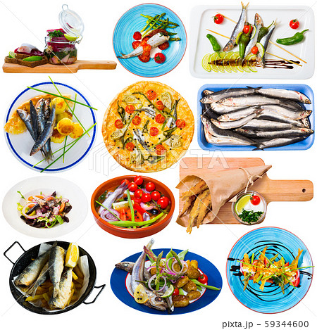 Collage of dishes with small fish Collage of dishes with small fish 59344600