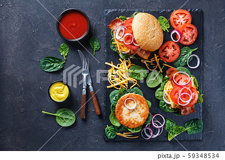 turkey burgers with marble cheese, top view 59348534