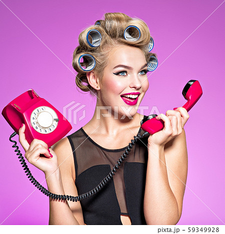 Cheerful angry caucasian woman yelling at retro 59349928