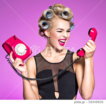 Crazy angry caucasian woman yelling at retro 59349930