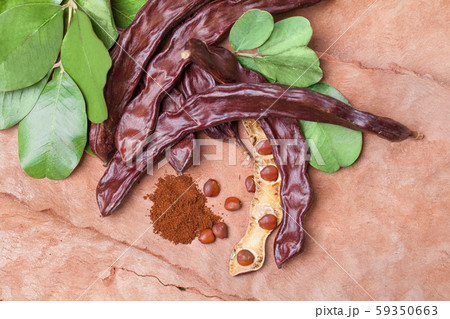 Carob. Organic carob pods with seeds and leaves Carob. Organic carob pods with seeds and leaves 59350663