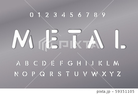 Set of letters and numbers in metal plate. Metallic material style of alphabet. Steel plate with 59351105
