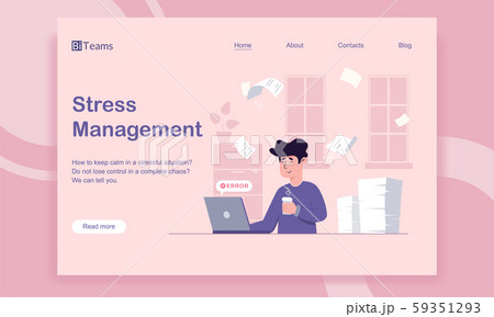 Stress management first screen vector template with male worker, who calmly made a coffee break before solving the problem with his laptop. Balance and anti-stress concepts. 59351293