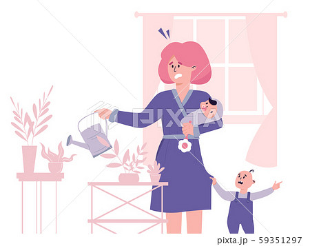 Tired yound mother, trying to combine parenting and housework. Postpartum depression concept. Colorful vector illustration for web and printing. 59351297