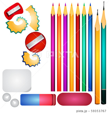 A set of multi-colored pencils, several erasers and a pencil sharpener. Stationery A set of multi-colored pencils, several erasers and a pencil sharpener. Stationery 59353767