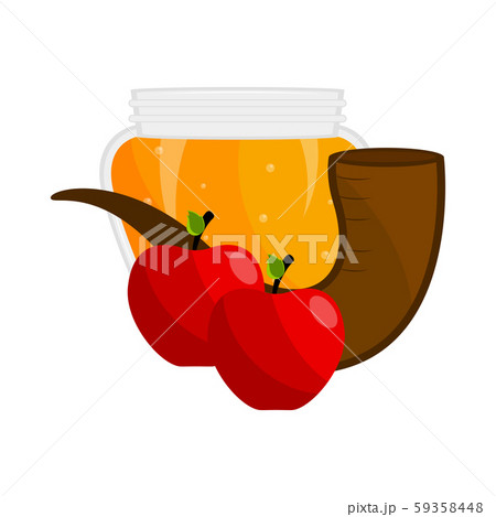 Honey jar with apples and a shofar. Rosh hashanah Honey jar with apples and a shofar. Rosh hashanah 59358448